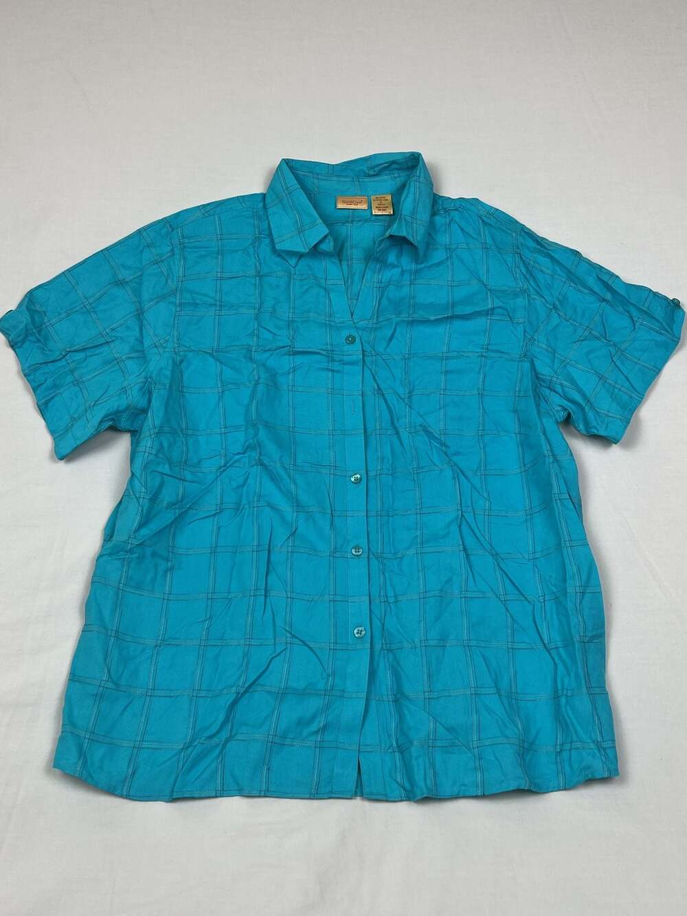 NorthCrest Women's Plus Short Sleeve Plaid Button Up Shirt Teal Blue